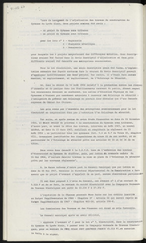 Lycée Alain, construction d'un gymnase, avenant n°1, lot n°7, compagnie Normande de travaux électriques. Acquisition, de l'immeuble sis 2 rue des tissons et 34, 36, 38 rue Seurin à Mr RAGAINE Théophile 3 rue d'Argentan à Alençon.