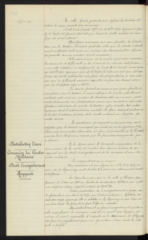 Trottoirs, Rue du Pont Neuf réclamation de Mr HENAULT MOREL, rapport. Distribution d'eau, concession du centre militaire, droit d'enregistrement, rapport
