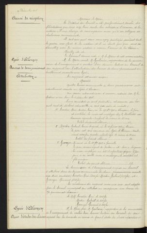 Adresse au président du conseil, ministre de la guerre, accusé de réception. Lycée d'Alençon, bourses de demi-pensionnat, attribution. Lycée d'Alençon, frais d'études des classes enfantine et primaire, demandes en remise