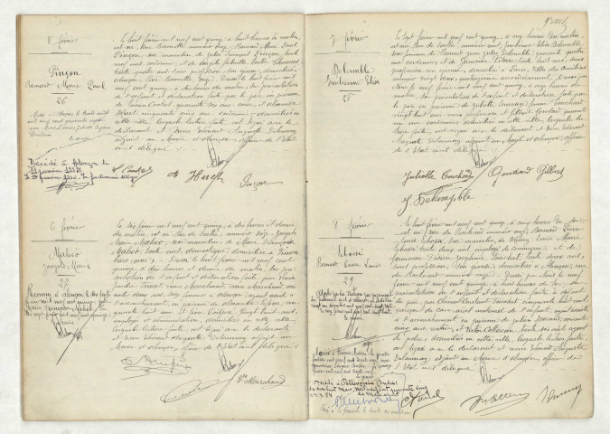 Acte de naissance de PINÇON Bernard Marie Paul (8 février 1915), acte de naissance de MAHEO Joseph Marie (6 février 1915), acte de naissance de DELAMBLE Emilienne Elise (7 février 1915), acte de naissance de LEBOSSE Bernard Pierre Louis (8 février 1915)