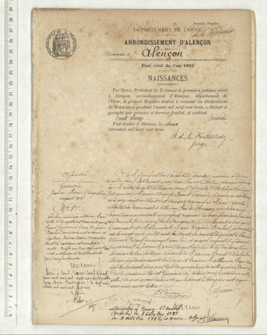 Reconnaissance de BOUTÉ Albert Joseph Mathurin (12 juin 1903),DESHAYES Marcelle Georgette (13 juin 1903),HALLAY Albert Gustave Louis (15 juin 1903),THIBAULT Yvonne Madeleine (18 juin 1903).