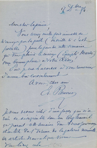 Lettre autographe signée de l'écrivain Edouard Plouvier à l'acteur Adolphe Laferrière (1854).