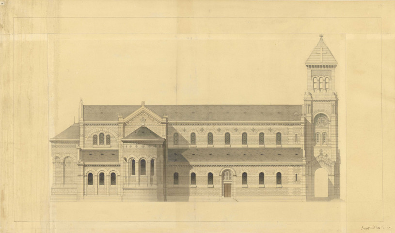 Église Saint Pierre de Montsort, façade latérale, Coisel (éch: 1/100, 87 x 51 cm, 01/12/1875).