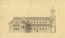 Église Saint Pierre de Montsort, façade latérale, Coisel (éch: 1/100, 87 x 51 cm, 01/12/1875).