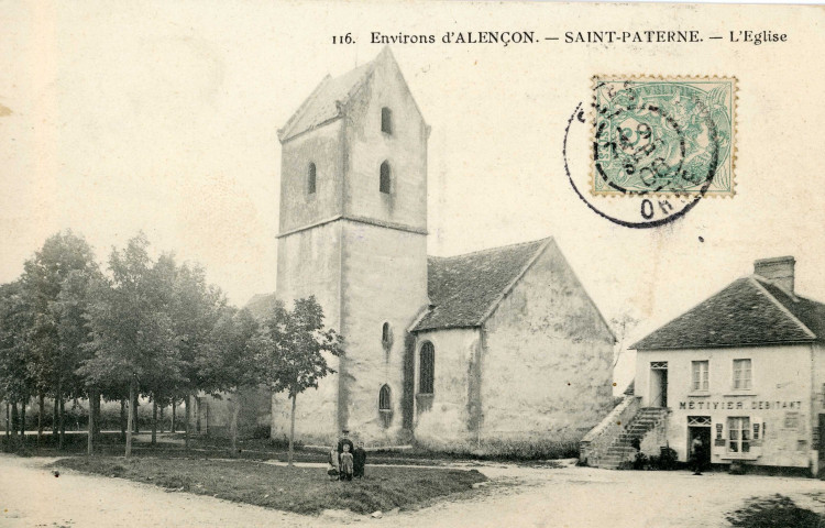 Saint-Paterne (Sarthe), l'église, carte postale ancienne noir et blanc n°116, M.C.F.L. Issy (Seine), (Date d'utilisation : 09 septembre 1906), (14x9), AMA.