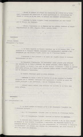 Acquisition de l'immeuble 53 rue du Mans appartenant à Mr DROUET Louis. Assurances, affaire Mr FRESNEL François demeurant cité Déplanquais Alençon, désignation d'un avocat maitre SEIGLE, compagnie d'assurance "la Providence». Assurances, de 2 fourgonnettes "Citroën" 2 C.V.