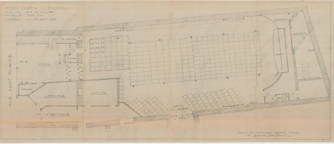 Eden Cinéma, plan du rez-de-chaussée (Besnard Bernadac,1/50, 26/08/1943).