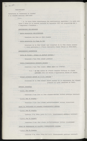 Enseignement, ouverture et fermeture de classes à la rentrés scolaire 1967-1968, C.E.S. Aveline, C.E.S. rue Saint Exupéry, école maternel Z.U.P. de Perseigne, école maternelle Champ du Roi.