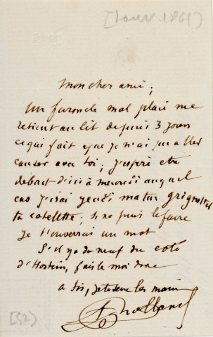 Lettre autographe signée de l'écrivain Amédée de Rolland à l'acteur Adolphe Laferrière [janvier 1861] .