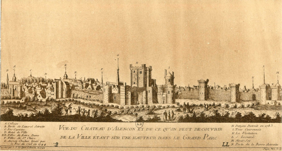 Alençon (Orne), vue du château d'Alençon et de ce qu'on peut découvrir de la ville étant sur une hauteur dans le grand parc, carte postale ancienne noir et blanc n°2, LL, IMP Lévy fils et Cie, Paris, sd, (14x9), AMA.