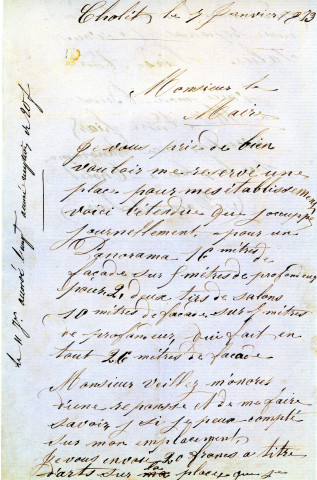 Foire de la Chandeleur (1873), demandes de boutiques sous la coupole de la Halle au Blé, sur la place d'Armes : états nominatifs, correspondance, flyers, plans, mémoires.
