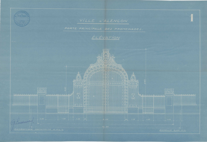 Les Promenades, porte principale, élévation, plan bleu (arch : A. Eschbaercher, ech : 0.02, n°1, date : 1940).