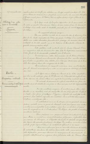 Erection d'un monument aux enfants d'Alençon morts pour la patrie place de la Pyramide, vote d'un crédit pour un concours entre les artistes, rapport. Abatage d'un arbre pour le passage des camions route de Courteille présentée par la société coopérative de l'Orne, directeur Mr LERMIER, rapport. Ecoles, inspection médicale, communication de Mr le Maire, Mr HONORE docteur de l'hôpital pour enfants n°149 rue de Sèvre à Paris, professeur BROCA