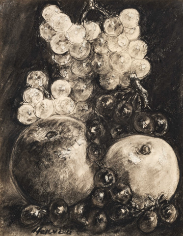 Pommes et raisins, fusain, Louise Jeanne Aimée Hervieu, (28cm x 22cm), signé en bas à gauche, porte des annotations de l'artiste au dos, collection Bismuth-Etcheverry,, acquisition 2024, AMA.