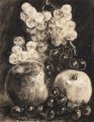 Pommes et raisins, fusain, Louise Jeanne Aimée Hervieu, (28cm x 22cm), signé en bas à gauche, porte des annotations de l'artiste au dos, collection Bismuth-Etcheverry,, acquisition 2024, AMA.