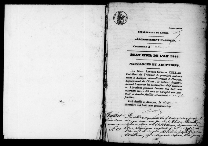Registre des actes de naissance et adoption (1846).