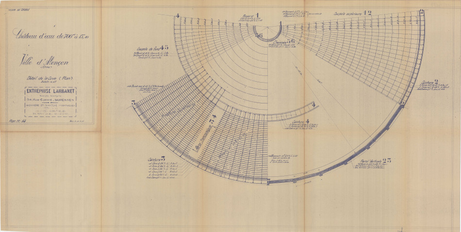 Construction d'un château d'eau de 700m3, détail de cuve : plans (Larbanet, éch : 1/200, plan n°13, 16 juillet 1936).