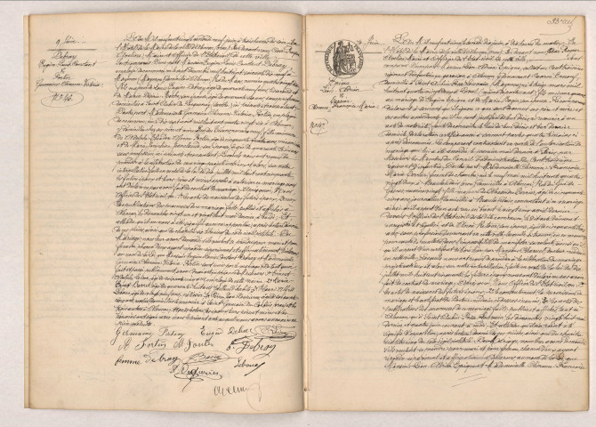 Acte de mariage de DEBRAY Eugène Louis Constant et FORTIN Germaine Clémence Victoria (9 juin 1905), acte de mariage de ÉPIQUE Léon Adrien et TERRIER Clémence Françoise Maria (10 juin 1905).