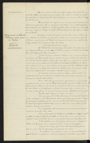 Horloge de l'église St Léonard, demande de réparation, rapport. Erection d'un monument aux enfants d'Alençon morts pour la patrie place de la Pyramide, vote d'un crédit pour un concours entre les artistes rapport