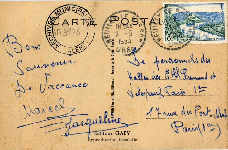 Alençon (Orne), "Vive la campagne! Dans le sac il y a Alençon ! ", carte postale humoristique à système n°132, Artaud père et fils, éditeur, Nantes, éditions Gaby,(Date d'utilisation : 02 septembre 1955), (14x9),AMA.