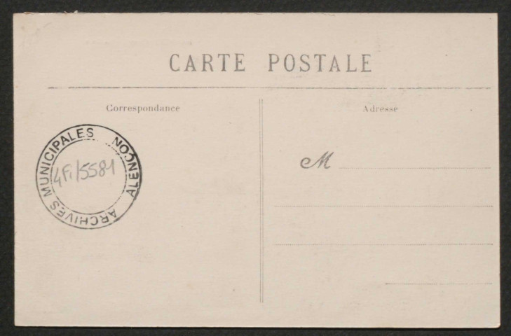 Damigny (Orne), La mairie, carte postale ancienne noir et blanc, Parisel-Rivière, édit, épicerie-tabacs. Damigny, phototypie A. Breger frère, Paris, (date d'utilisation : 07 septembre 1907), (14x9), acquisition 2021, AMA.