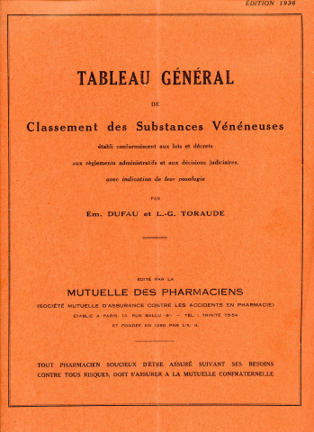 Mutuelle contre les accidents en pharmacie : tableau général de classement des substances vénéneuses selon le décret du 20 mars 1930 (1936).