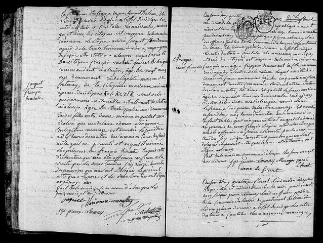 Acte de naissance de JACQUET François Hyacinthe (1er mai 1794),acte de naissance de MENAGER Isaac François (3 mai 1794),acte de naissance de GASNIER Louis Victor (2 mai 1794).