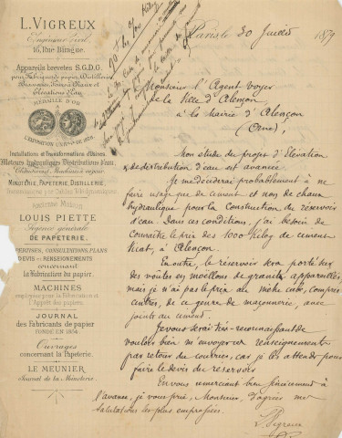 Projet de distribution en eau potable de la ville d'Alençon, candidature de L. Vigreux pour la construction d'un réservoir d'équilibre de 2000 mètres carrés boulevard de Strasbourg (1879) : correspondance.