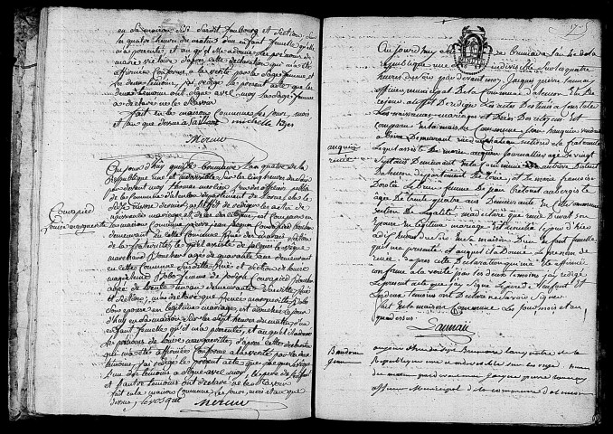 Acte de naissance de SAILLANT Marie Victoire (6 novembre 1795),acte de naissance de COURAPIED Louise Marguerite (6 novembre 1795),acte de naissance de AUQUIN Renée (6 novembre 1795),acte de naissance de BAUDOIN Jean (6 novembre 1795).