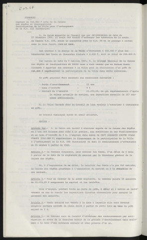 Finances, emprunt de 144 000 F prés de la caisse des dépôts et consignations, participation de la ville pour l'aménagement de la route de Mamers R.N. 155.
