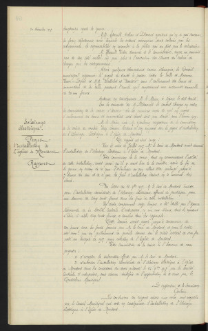 Enlèvement des boues et innondices de la ville, Mme veuve LEGROS, projet de traité pour 1918, rapport. Eclairage électrique, projet d'installation à l'église de Monsort, rapport