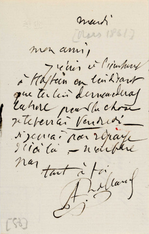 Lettre autographe signée de l'écrivain Amédée de Rolland à l'acteur Adolphe Laferrière [mars 1861] .
