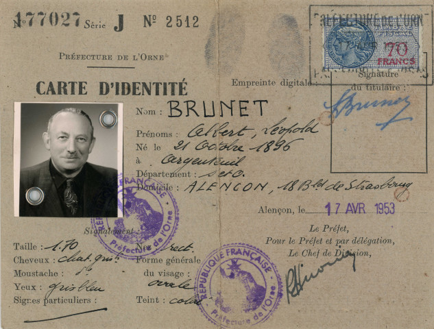 Carte d'identité d'Albert Brunet (17 avril 1953)