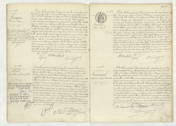 Acte de naissance de BOURGOIN Henri Adrien (9 décembre 1910),acte de naissance de NICOL Anne Marie Jehanne Juliette (10 décembre 1910),acte de naissance de MANSON Octave Paul (12 décembre 1910),acte de naissance de COURMARCEL Madeleine Marie Armande (11 décembre 1910).