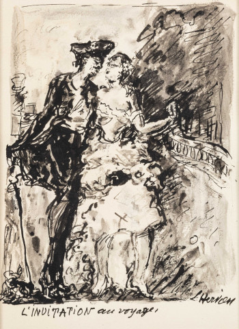 L'invitation au voyage (Baudelaire), trait de plume et Lavis d'encre, Louise Jeanne Aimée Hervieu, (22cm x 16cm), signé en bas à droite, titré en bas au centre, collection Bismuth-Etcheverry, acquisition 2024, AMA.