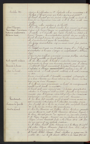 Chemin de fer d'intérêt local de Carrouges à Alençon : Communication. Caisse d'Epargne, nomination d'un administrateur en remplacement de M. Chouin décédé. Ecole spéciale militaire, demande bourse : Avis du Conseil. Recrutement, soutiens de famille : Avis du Conseil