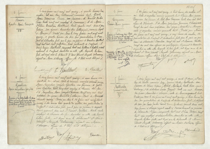 Acte de naissance de BRIER Gisèle Marie Françoise (5 février 1915), acte de naissance de GAUTIER Marie Augustine Josèphe (5 février 1915), acte de naissance de POUPEAU Thérèse Marie Jeanne (6 février 1915), acte de naissance de MALHERBE Jeanne Cécile (5 février 1915)