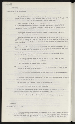 Personnel, titularisation et avancement. Personnel, indemnités de technicité.