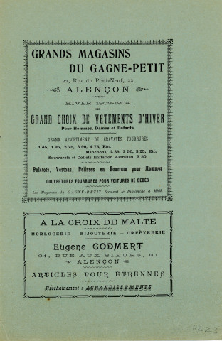 Maison des Magasins Réunis, le grand bazar Alençon, exposition de jouets et articles pour étrennes, communication : télégramme publicitaire, encart publicitaire.