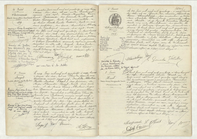 Acte de naissance de BESNEUX Denise Augustine Emilienne (4 juin 1914),acte de naissance de SAGET Paulette Albertine Berthe Andrée (5 juin 1914),acte de naissance de CHANTELOUP Henri (6 juin 1914),reconnaissance de HUET Anne Marie Marguerite Louise (8 juin 1914).