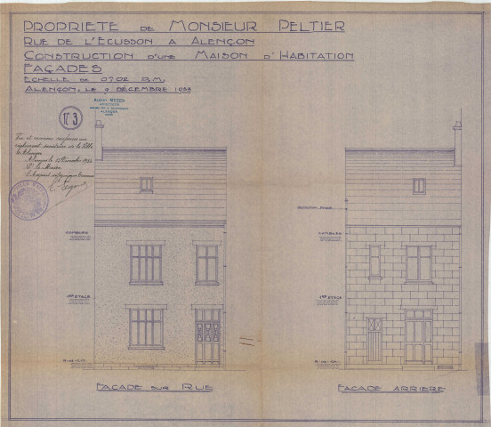 permis de construire n°27, Construction d'une maison d'habitation Rue L'Ecusson Alençon, (date de décision : 1933), (auteur du projet, architecte : MEZEN Albert).
