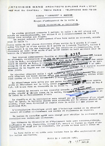 Cinéma "Normandy" à Alençon, projet d'aménagement en 3 salles, coupe transversal CD, coupe transversal EF, coupe longitudinal AB, sous-sol partiel, plan sous-sol partiel, niveau 1, permis de construire (architecte : Artémisios WANG , 1/100, 12/10/1977, modifié le : 15/02/1979, plan n°6503 4), papier.