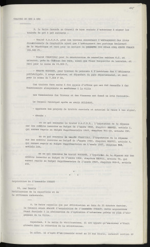 Traités de gré à gré, S.A.C.E.R. travaux à Courteille, FRANCIOLI urinoirs près du château des Ducs, place Marguerite de Lorraine, VOISINE travaux pour 4 bâtiments préfabriqués à usage scolaire. Acquisition de l'immeuble ERNAUT, 14 rue Seurin, modification de la superficie et de la référence cadastrale.