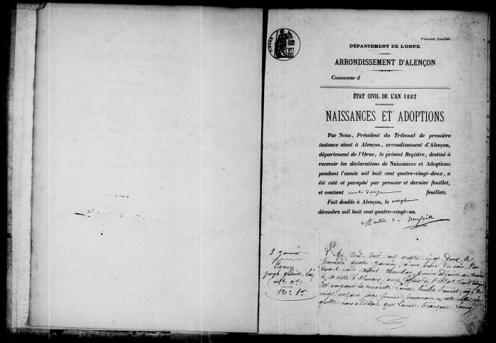 Registre des actes de naissance et adoption 1882