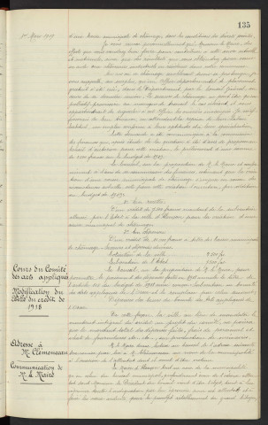 Caisse municipale de secours en cas de chômage après la guerre, communication de Mr le Préfet. Cours du comité des arts appliqués, modification du libellé du crédit de 1918. Lettre adressé à Mr CLEMENCEAU à l'occasion de l'attentat dont il à était victime, communication de Mr le Maire