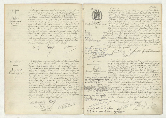 Reconnaissance de MAHÉO Joseph Marie (17 février 1915), acte de naissance de AGUINET Adrienne Louise (13 février 1915), acte de naissance de HUANT Félix Alphonse Marius Jean (13 février 1915), acte de naissance de CHEVALIER Solange Paulette Germaine (18 février 1915)