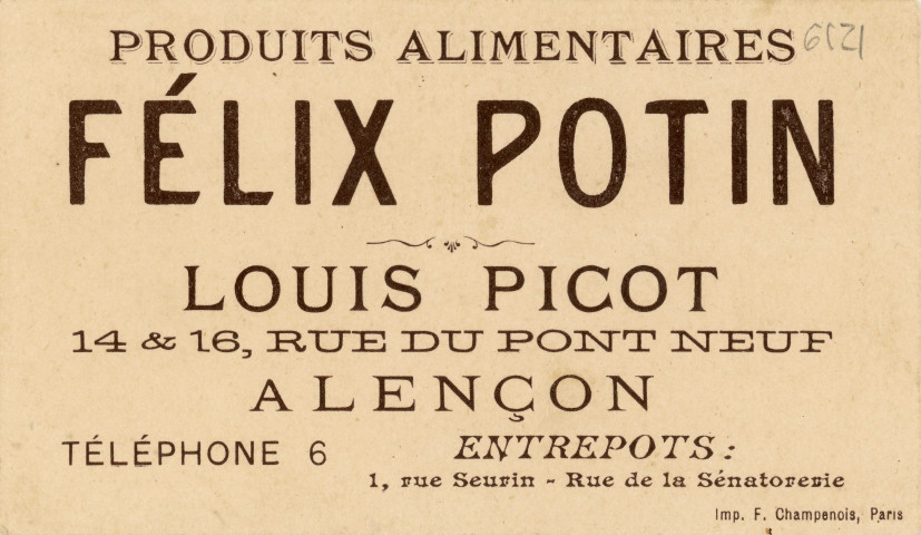Produits alimentaires Félix Potin, communication : lot de 6 images publicitaires, imprimerie F. Champenois publicitaires.