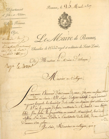 Établissement d'une halle aux grains à Rennes (dans des configurations identiques à Alençon) : correspondance (1817).