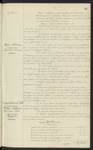 Eglise Notre-Dame, installation de l'éclairage électrique, demande de subvention à la ville. Hospice d'Alençon, service des vénériens contribution de la ville pour l'achat de matériel. Comptabilité de la ville, budget supplémentaire pour 1918, rapport
