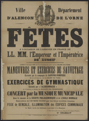 Fêtes à l'occasion de l'arrivée en France de LL. MM. l'empereur et l'impératrice de Russie (5 octobre 1896), exercices de gymnastique, manœuvre et exercices de sauvetage, affiche (85cm x 62cm).